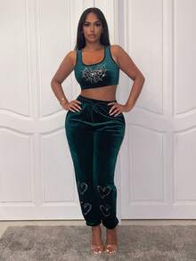 Slaydiva Pha lê Hình trái tim Crop Tank Top & Dây kéo Áo khoác & Quần - Màu xanh lá cây đậm - Xem 4