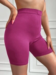 Cottnline Solid High Waist Biker Shorts - Pink - View 3
