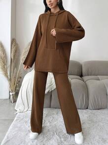 EURMUSE Kangaroo Pocket Drop Shoulder Drawstring Hooded Sweater & Knit Pants - Camel - View 5