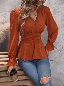 SHEIN Clasi 圓點蕾絲邊荷葉袖褶邊襯衫 - 棕色 - 查看 4