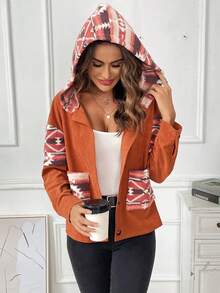 SHEIN Clasi Geo Print Drop Shoulder Hooded Corduroy Jacket - Khaki - View 5