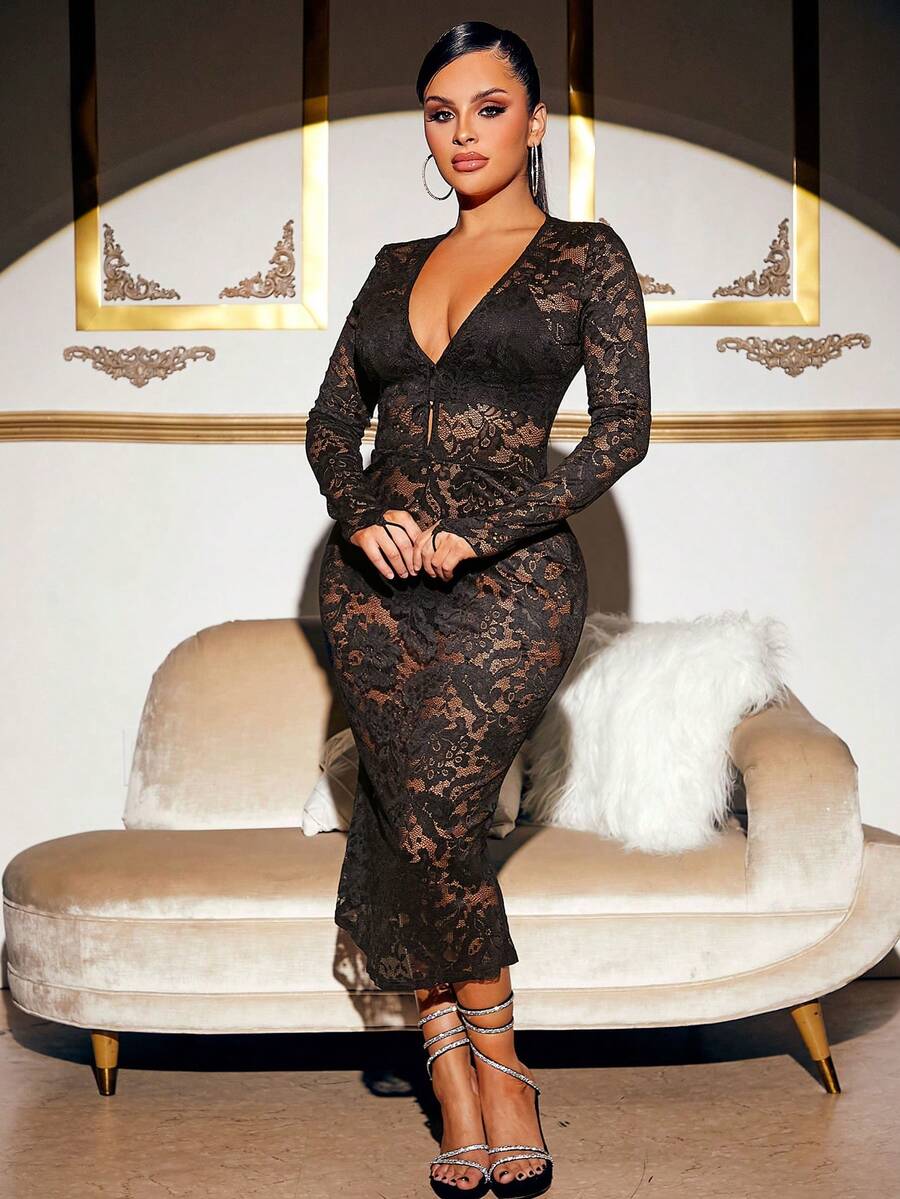 SHEIN SXY Plunging Neck Lace Bodycon Dress - Black - View 1