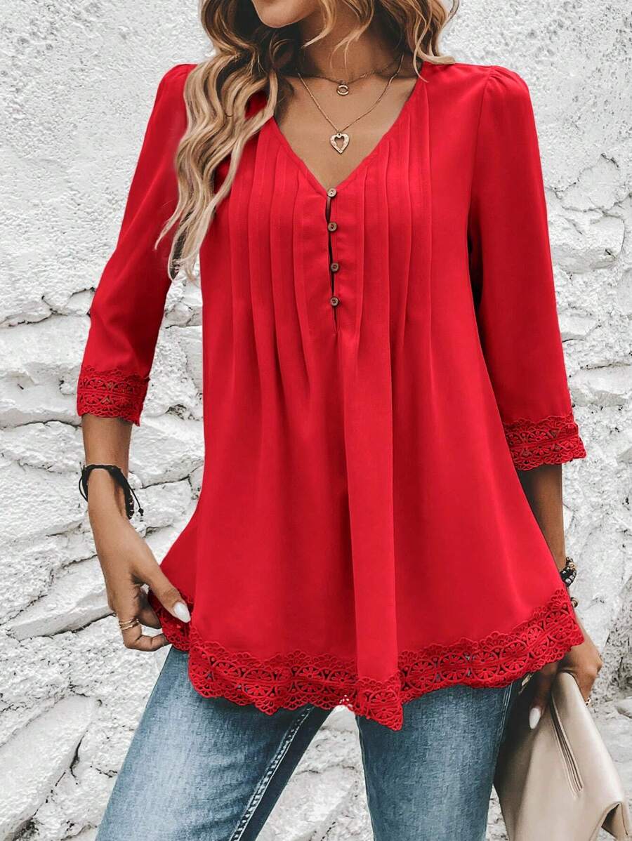 SHEIN Clasi Contrast Lace Fold Pleated Detail Plicated Detail Plicated Detail Blouse - Red - View 1