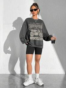 SHEIN EZwear Motorcycle & Letter Graphic Drop Shoulder Sweatshirt - Dark Grey - View 4