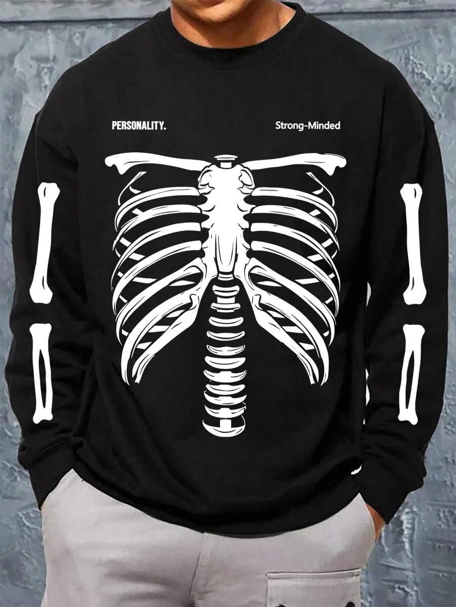 Manfinity LEGND 男士骷髏&標語圖案運動衫 - 黑色 - 查看 1