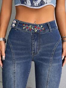 SHEIN ICON Jeans de pierna amplia con estampado floral - Azul lavado oscuro - Ver 6