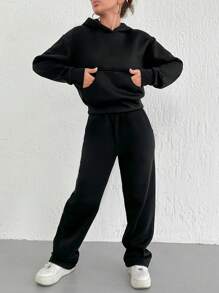 SHEIN Cottnline Solid Drop Shoulder Hoodie & Sweatpants - Black - View 6