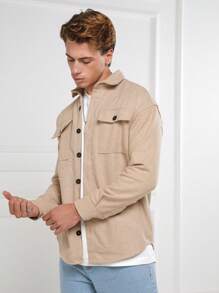 RueChic Men Flap Pocket Button Front Jacket - Beige - View 3