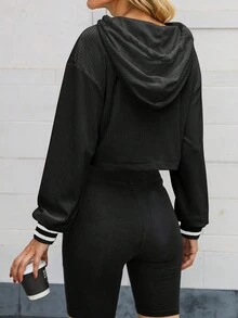 Sọc trang trí Thả vai Dây rút áo có mũ Áo len crop - màu đen - Xem 3