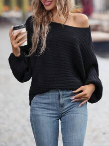 SHEIN LUNE Jersey unicolor de manga murciélago tejido de canalé - Negro - Ver 5