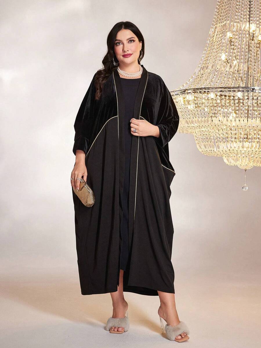 Al Najma 大碼拼接滾邊蝙蝠袖阿拉伯罩袍 - 黑色 - 查看 1