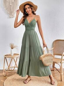 SHEIN VCAY Contrast Lace Ruffle Hem Cami Jumpsuit - Green - View 5