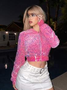 Sweetina Zip Up Sequin Hooded Jacket - Pink - View 4