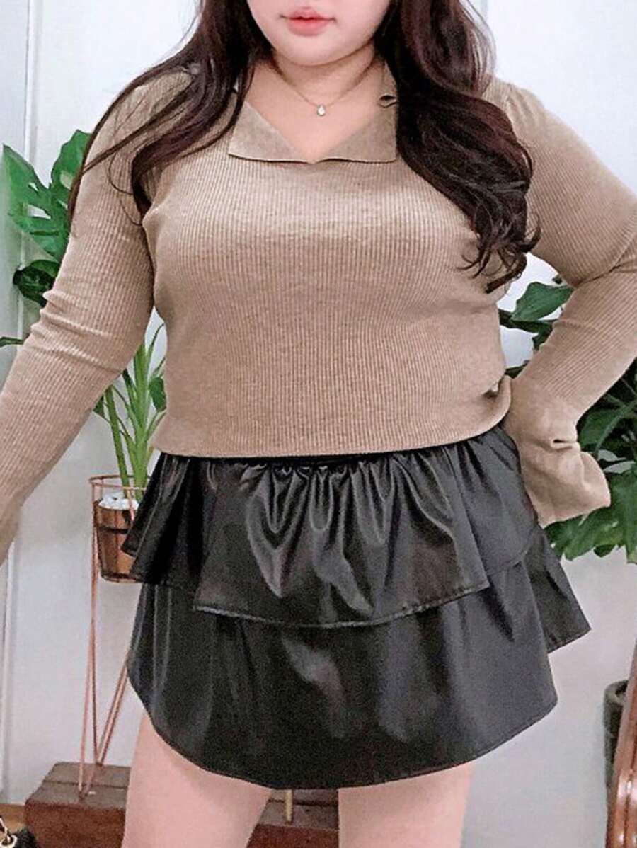 Dazy Plus 纯色罗纹针织毛衣，秋装 - 駝色 - 查看 1