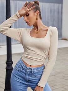 SHEIN Essnce Square Neck Ruched Side Crop Tee - Apricot - View 1