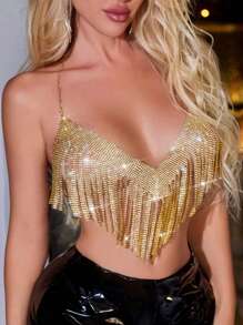 Fringe Trim Backless Rhinestone Crop gold Metallic Club Halter Top - Gold - View 1