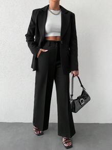 EURMUSE Lapel Neck Single Button Blazer & Suit Pants - Black - View 3