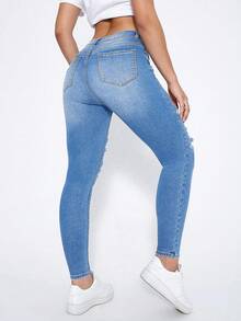 (可用棉)女性彈性大破洞割破牛仔緊身褲,膝蓋有彈性 - 中等水洗藍 - 查看 2