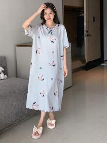 DAZY Floral Print Lettuce Trim Drop Shoulder Lounge Dress Pajama - Grey - View 3