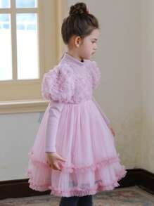 Young Girl Appliques Ruffle Trim Mesh Hem Party Dress - Pink - View 4