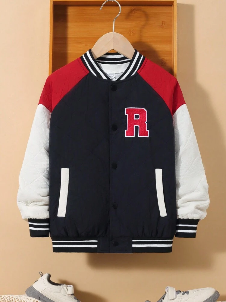 Tween Boy 1pc Embroidery Letter Pattern Colorblock Striped Trim Quilted Coat for Christmas