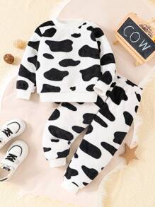 SHEIN Young Girl Cow Pattern Teddy Sweatshirt & Pants - White - View 1