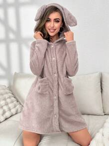 Bata de dormir con diseño de oreja 3D con capucha de franela - Marrón - Ver 1