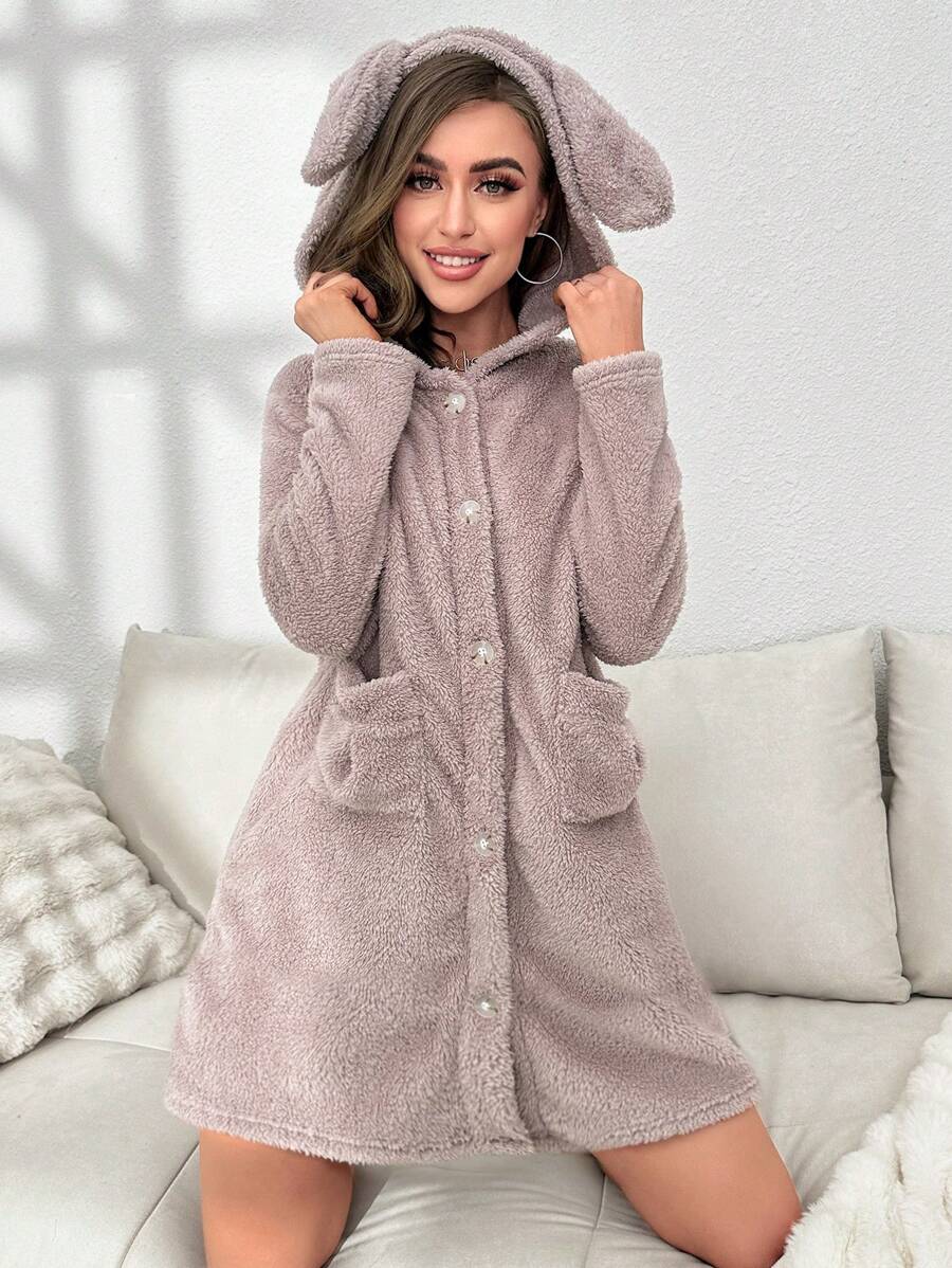 Bata de dormir con diseño de oreja 3D con capucha de franela - Marrón - Ver 1