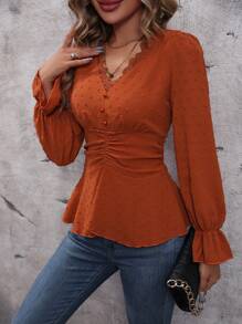 SHEIN Clasi 圓點蕾絲邊荷葉袖褶邊襯衫 - 棕色 - 查看 5