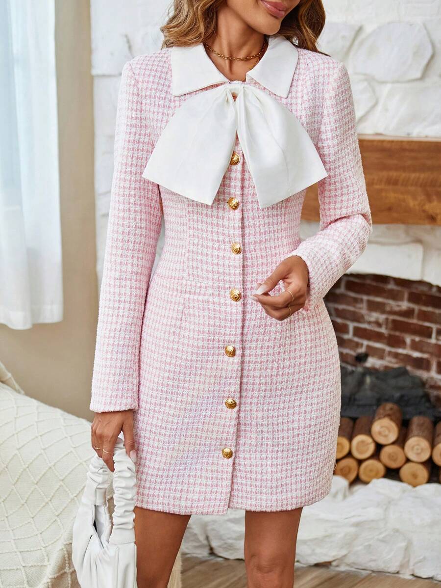 GENKIRA Hoa văn kẻ sọc Cà vạt Nút phía trước Tweed Áo khoác - Hồng - Xem 1