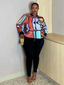 Slaydiva 大碼撞色拉鏈開襟飛行員夾克 - 彩色 - 查看 4