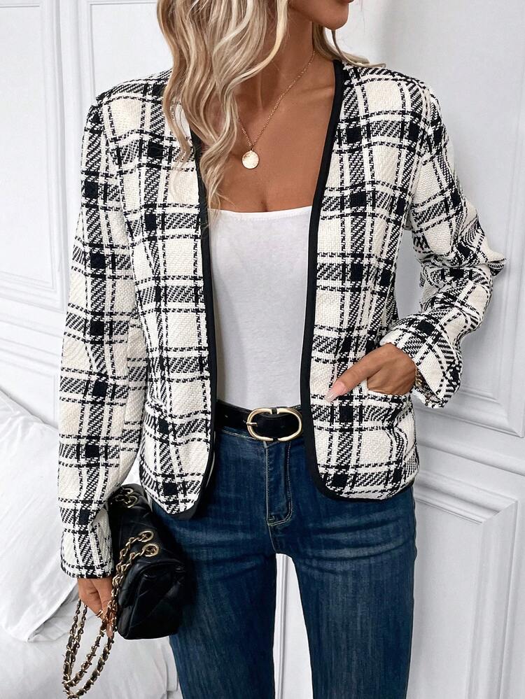 Plaid Print Contrast Binding Open Front Jacket