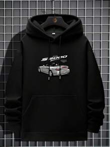 男士汽車和字母圖案袋鼠口袋抽繩連帽衫 - 黑色 - 查看 1