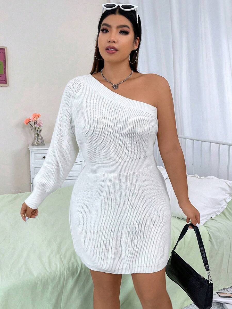 Flirla Plus One Shoulder Lantern Sleeve Sweater Dress - White - View 1