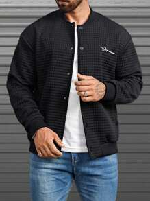 Manfinity Homme 男款字母圖案鈕扣式下肩棒球外套 - 黑色 - 查看 1