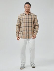 GENTILAND Men Plus Plaid Print Shirt - Khaki - View 3