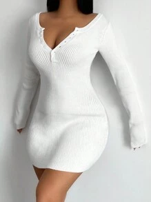 Zolique 一字肩前紐扣緊身毛衣洋裝 - 白色 - 查看 5