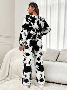 SHEIN EZwear Cow Pattern Hooded Teddy Jacket & Pants - Black and White - View 2