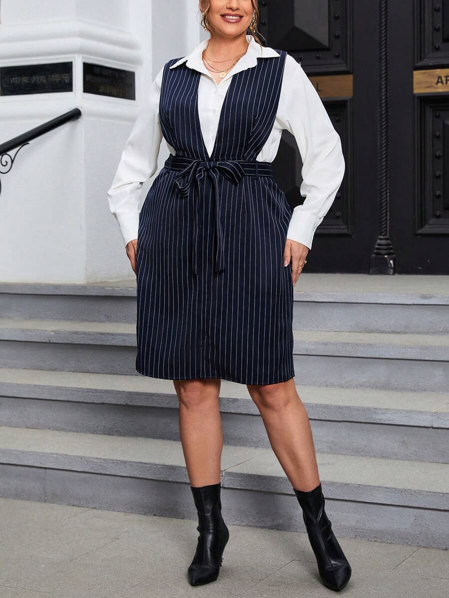 SHEIN Privé Plus Striped Print Belted Overall Dress Without Blouse - Navy Blue - View 1