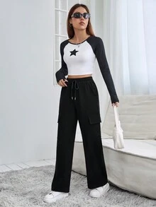 SHEIN PETITE 側翻蓋口袋腰部抽繩工裝褲 - 黑色 - 查看 4