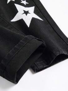 男大童星星印花破洞牛仔褲 - 黑色 - 查看 3