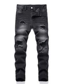 Tween Boy Ripped Frayed Bleach Wash Jeans - Black - View 1