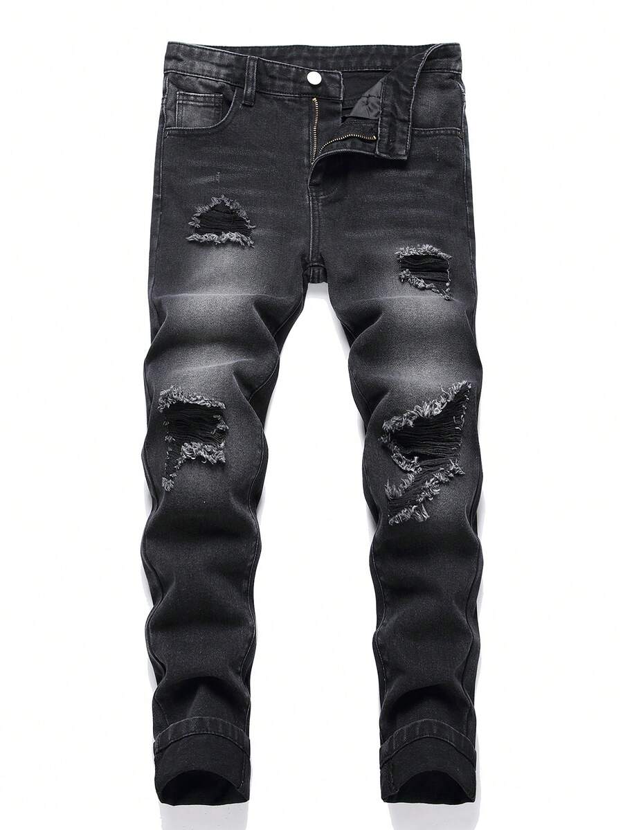 Tween Boy Ripped Frayed Bleach Wash Jeans - Black - View 1