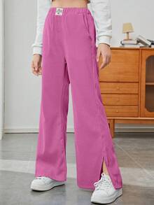 SHEIN Thiếu niên cô gái Chi tiết Patched thư Viền chia cắt Quần ống loe - Màu Hồng Tươi - Xem 5