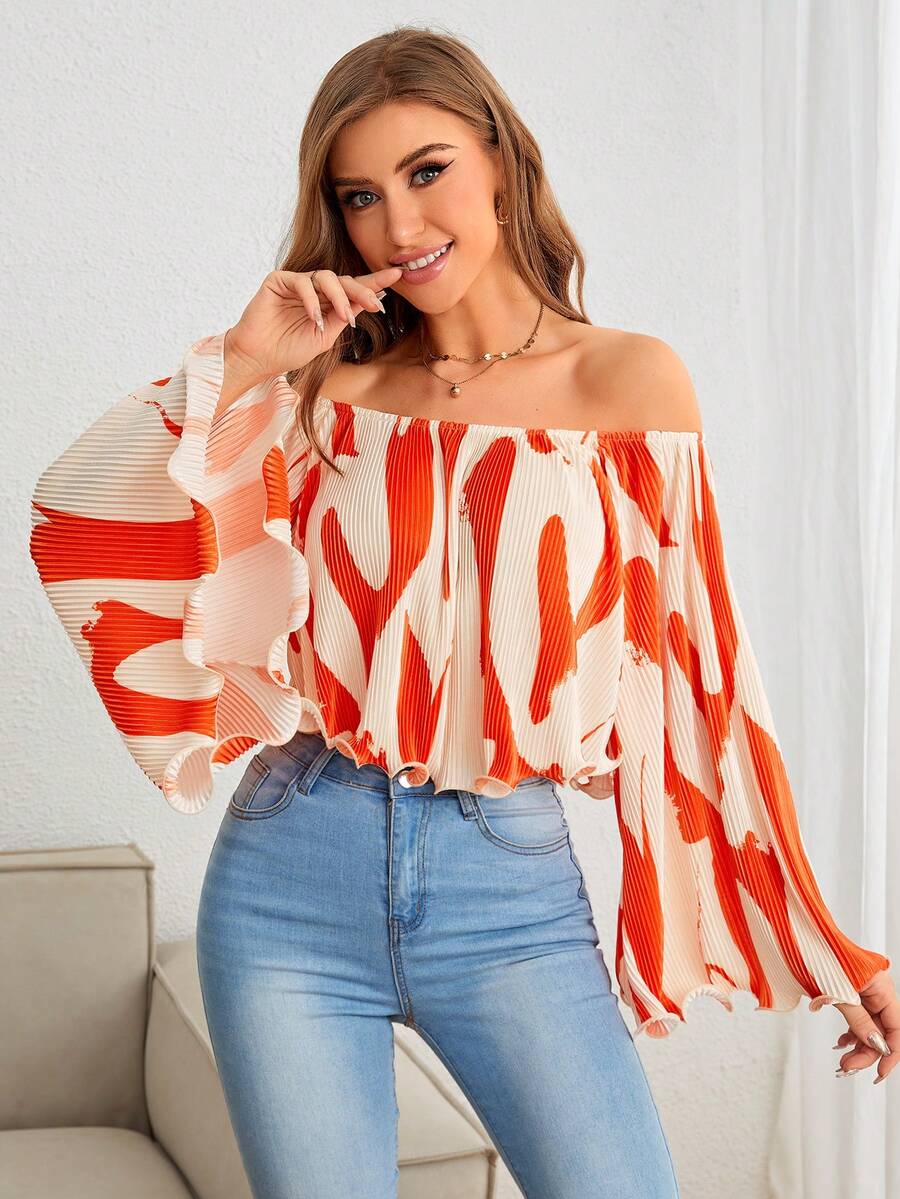 SHEIN Privé Allover Print Off Shoulder Trumpet Sleeve Blouse - Orange - View 1