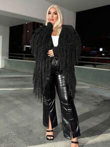 SHEIN SXY 大码流苏边休闲设计开衫 - 黑色 - 查看 6