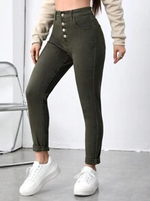 SHEIN Essnce Button Fly Skinny Jeans - Army Green - View 1