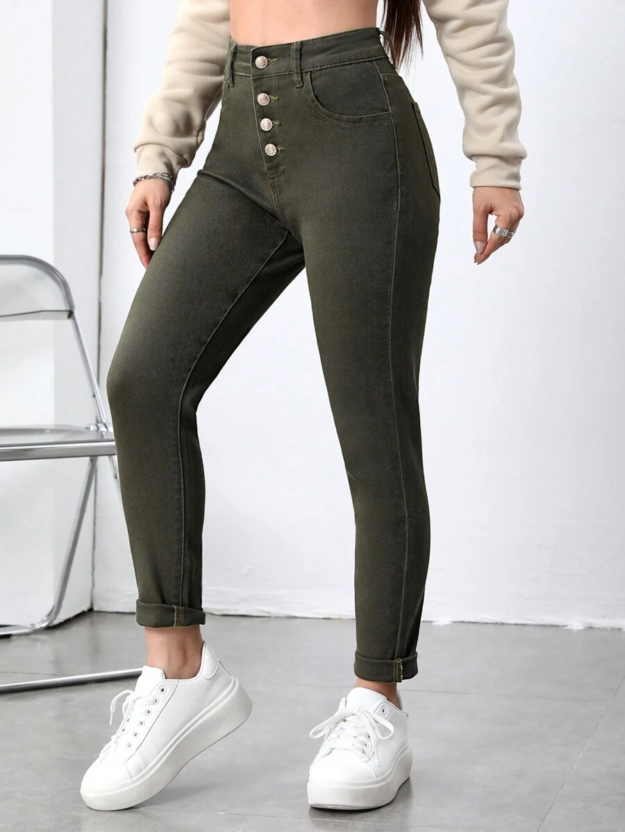 SHEIN Essnce Button Fly Skinny Jeans - Army Green - View 1