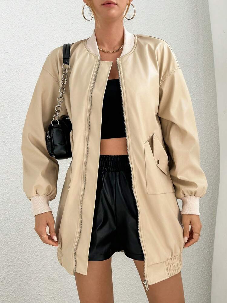 Flap Pocket Drop Shoulder Zipper PU Leather Bomber Jacket