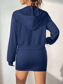 SHEIN EZwear Đã vá Áo Zip Up Hoodie & Eo dây rút Váy - Màu xanh hải quân - Xem 2